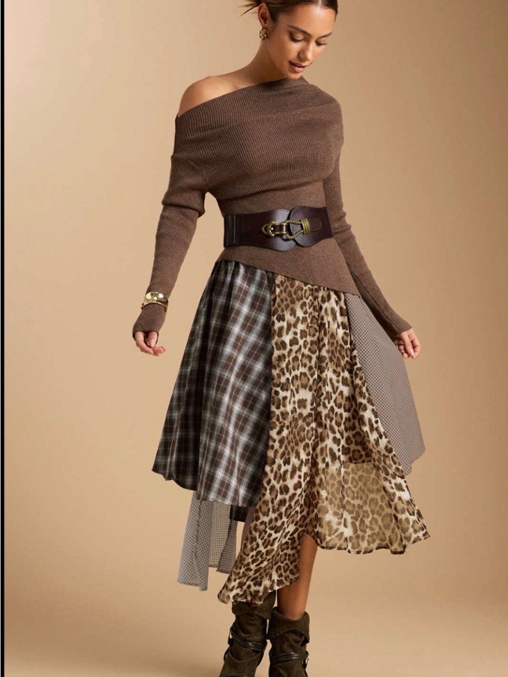 Mica’s Women's Multi-Panel Brown Patchwork Midi Skirt